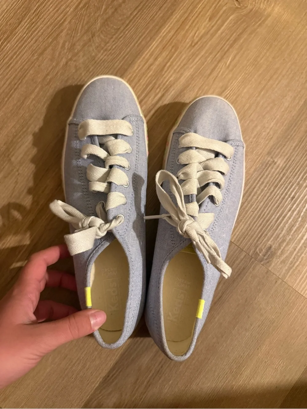 Keds Light Gray Canvas Low-Top Sneaker with Neon Yellow Accent